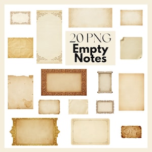 May include: A collection of 20 PNG empty notes in various shapes and sizes. The notes have a vintage, aged paper appearance with decorative borders and a parchment-like texture. Some notes are lined, and some have stains.