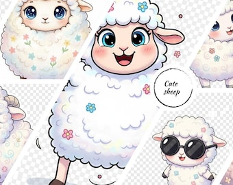 Retro Kawaii Sheep Clipart Bundle – Pastel Nursery PNG Illustrations