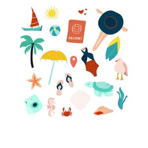 Puede incluir: Una colección de ilustraciones coloridas con temática de vacaciones de verano que incluyen una palmera, un pasaporte, una sombrilla de playa, chanclas, una tortuga marina, una gaviota, una concha, una estrella de mar, un cangrejo, una cámara, un traje de baño, una tabla de surf, un sol y corazones.