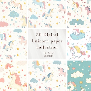 50 Digital Unicorn Paper Pack | 12x12&quot; 300 DPI | Magical Fantasy Patterns | Seamless Backgrounds | Scrapbook Paper | Instant Download