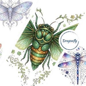 May include: Watercolor illustrations of various insects, including a moth, cicada, and dragonflies, are displayed on a white background. The insects feature intricate details and a soft color palette of blues, greens, and purples. The word "Dragonfly" is in a circle.