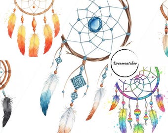 10 Watercolor Dreamcatcher Clipart Bundle | Boho Tribal Feathers | PNG Transparent | Bohemian Wall Art Elements