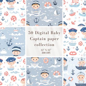 50 Digital Baby Captain Paper Pack | 12x12" 300 DPI | Nautical & Marine Patterns | Seamless Backgrounds | Scrapbook Paper | Instant Download