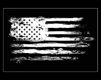 May include: A distressed black and white American flag design. The flag is painted in a grunge style with white paint on a black background.