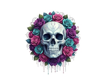 Gothic Skull and Roses PNG Clipart | Floral Tattoo Design (Digital Download)