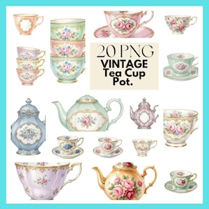 Könnte beinhalten: Eine Sammlung von Vintage-Teetassen und Teekannen in verschiedenen Pastellfarben, darunter Rosa, Blau und Gold. Blumendesigns zieren die Tassen und Teekannen, mit dem Text "20 PNG Vintage Tea Cup Pot."