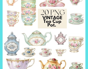 Vintage Teacup Clipart | Watercolor Victorian Tea Set (20 PNG)