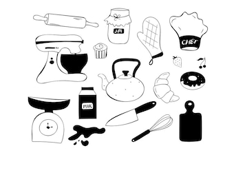 Clipart de cocina en blanco y negro: Herramientas para hornear y cocinar (Descarga digital)