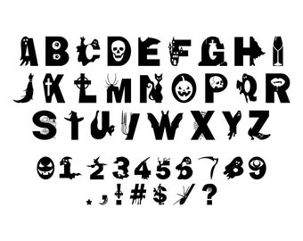 May include: Black and white Halloween-themed alphabet and number set. Each letter and number is creatively designed with spooky icons like ghosts, skulls, and bats. Includes punctuation marks with similar themes. Perfect for seasonal crafts and decorations.
