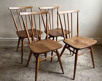 Set Of Four Mid Century Ercol Stickback 391 Model Vintage Wooden Dining Chairs In Beech and Blond Elm