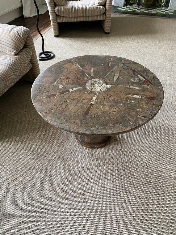 Circular Fossil Stone Coffee Table With Inlaid Ammonites Mid Century c. 1960 Round Ammonite Table Manner Of Heinz Lilienthal Etsy