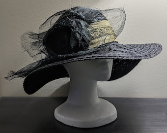 Black brimmed straw women's hat with large rosette "Emily"