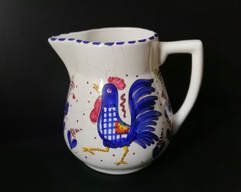 Vintage French Earthenware Rooster Pitcher, Hand-Painted Foliage Decor