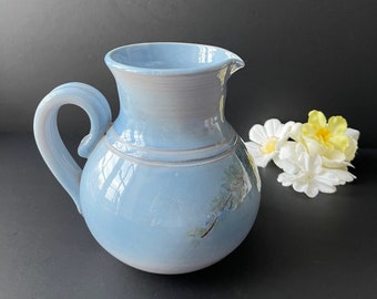 Vintage Blue Ceramic Jug Pitcher Vase. Floral Pattern Paint. Lovely Handle Outline. Decorative SeaBreeze Blue Vase. Fat Blue Jug.