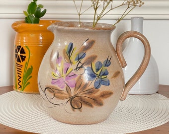 Vintage Glazed Terracotta Pitcher Vase, Floral Hand-Painted French Pottery