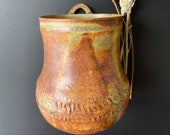 Unique Wall Mount Ceramic Pot, Stoneware Wall Vase. Wall Mount Cache Pot. Glazed Stoneware Planter. Stunning Wall Vase with Carving Design