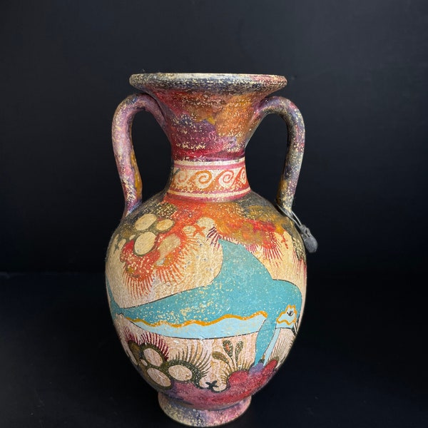 Vintage Replica Vase Hand Painted by Karmiris, Museum Copy Vase. Minoan Period 1450 BC Style Vase. Colorful Handpainted Vase,