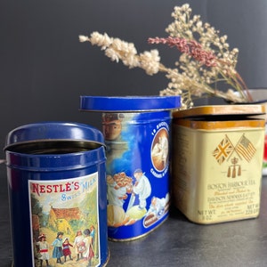 Set of 3 Vintage Tin Boxes in Different Shapes. Collectible Tin Boxes. Tea, Lollipops and Swiss Milk Old Tin Boxes. Antique Metal Boxes