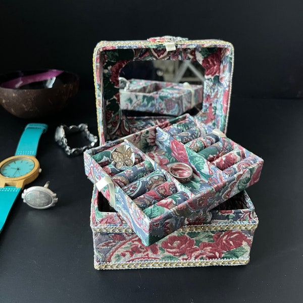 Lovely Vintage Fabric Mantled Jewellery Box, Decorative Trinket Box, Mirrored Jewelry Box, Floral Decor Trinket Box, Jewelry Chest Box