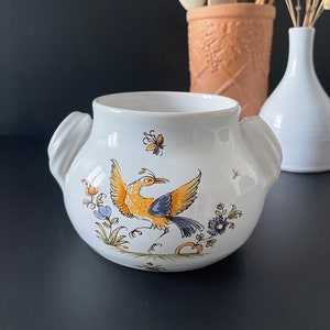 Vintage Signierte Topf aus Steingut, glasierte und verzierte Keramik Dose Serigraphie Decors Moustiers XVIIIe France