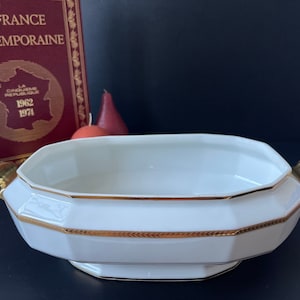 Vintage elegante große Porzellanschüssel, vergoldete Ränder und Griff, Art-Deco-Design, Limoges Frankreich, Chapus et Fils, Servierschüssel, Herzstück