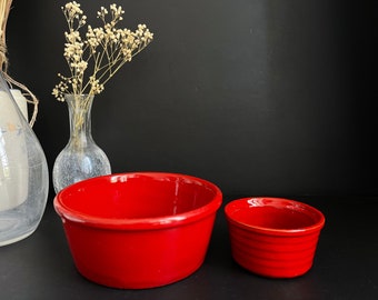 Vintage Pretty Deep Red Bowls, Big and Small Match, Cooking, Baking Coloured Bowls, Quality Enamel Ceramic.