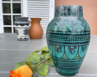 Vintage Handmade Ceramic Vase. Thick Glazed, Bluish Green Color Mix. Unique Outline and Patterned Vase. Hand Painted,Classic Shaped Jar Vase