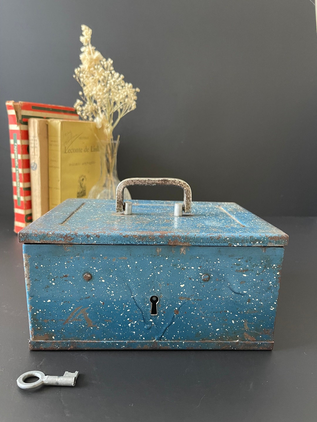 Antique Metal Cash Box in Blue Paint, French Vintage Cash Register