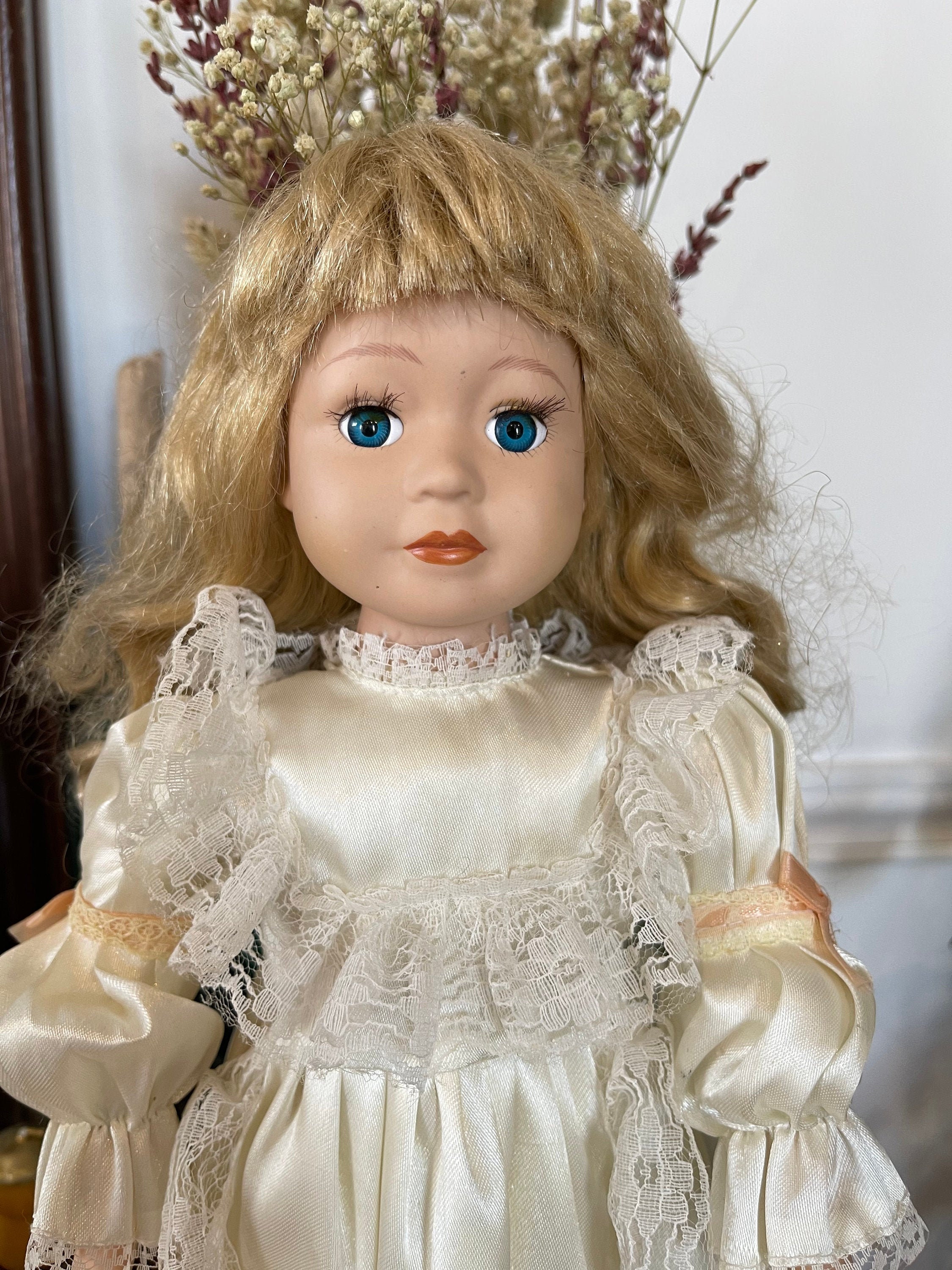 Beautiful Vintage French Porcelain Doll. Lovely Laced Ribbon Cream