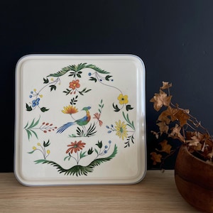 Hotpad vintage français carré, céramique de Gien, motif Oiseaux de paradis. Grand dessous de plat français, dessous de verre en céramique, plat de service français, Gien