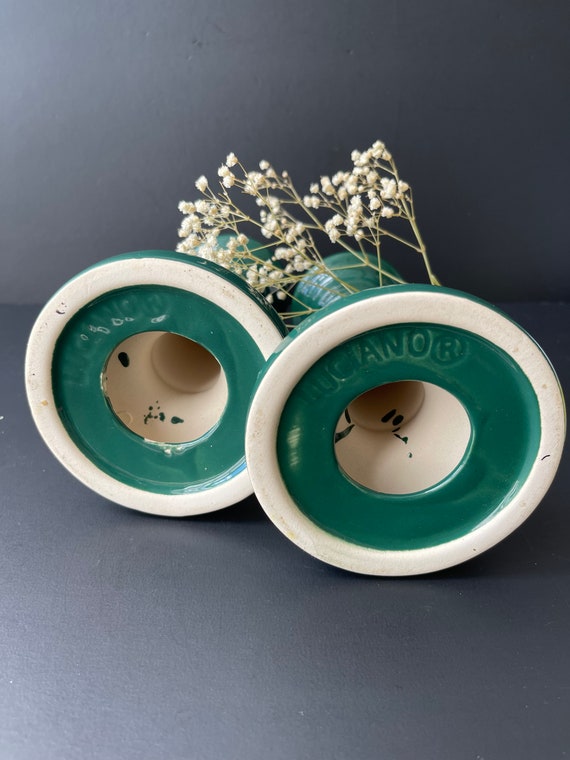 Paire de bougeoirs en céramique avec vide-poche intégré, Vert, 1960