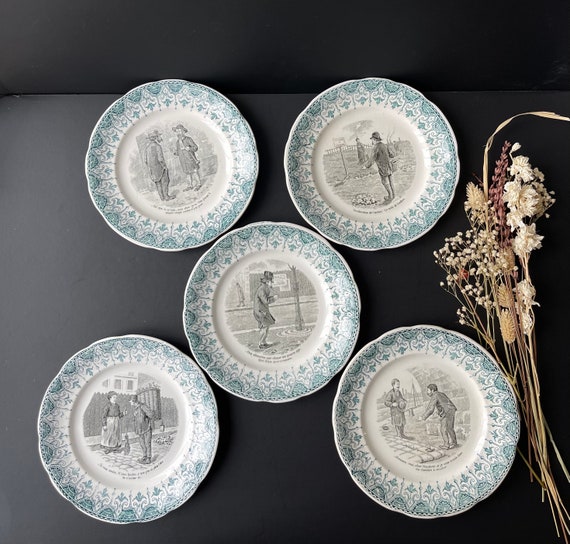 Antique French Sarreguemines Plates, Street Scene Motif, Set of 5