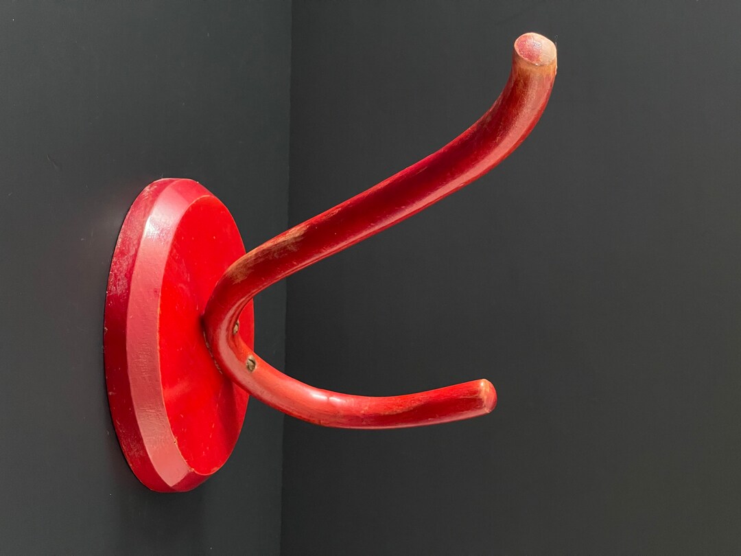 Intriguing Vintage Red Coat and Hat Hook, Large Wooden Retro Hook. Wood
