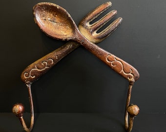 Vintage Copper Spoon & Fork Hook, Decorative Kitchen Hanger