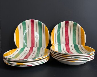 Vintage LONGCHAMP France borden, aardewerk gestreepte salade- en soepset