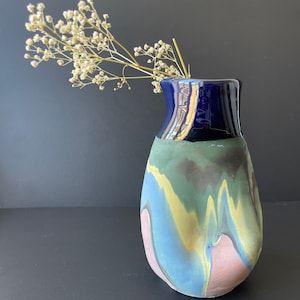 Colorful Free Shape Ceramic Vase, Unique Design with Mix of Colors. Decorative Vase, Glazed Blue Border. Handmade Stylish Vase. Rare Shape