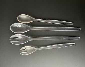 Vintage GUZZINI Serving Utensil Set. Clear Lucide Kitchen Utensils. Salad Servers Set, 4 Pieces Clear Plastic Spoons and Forks.Made in Italy