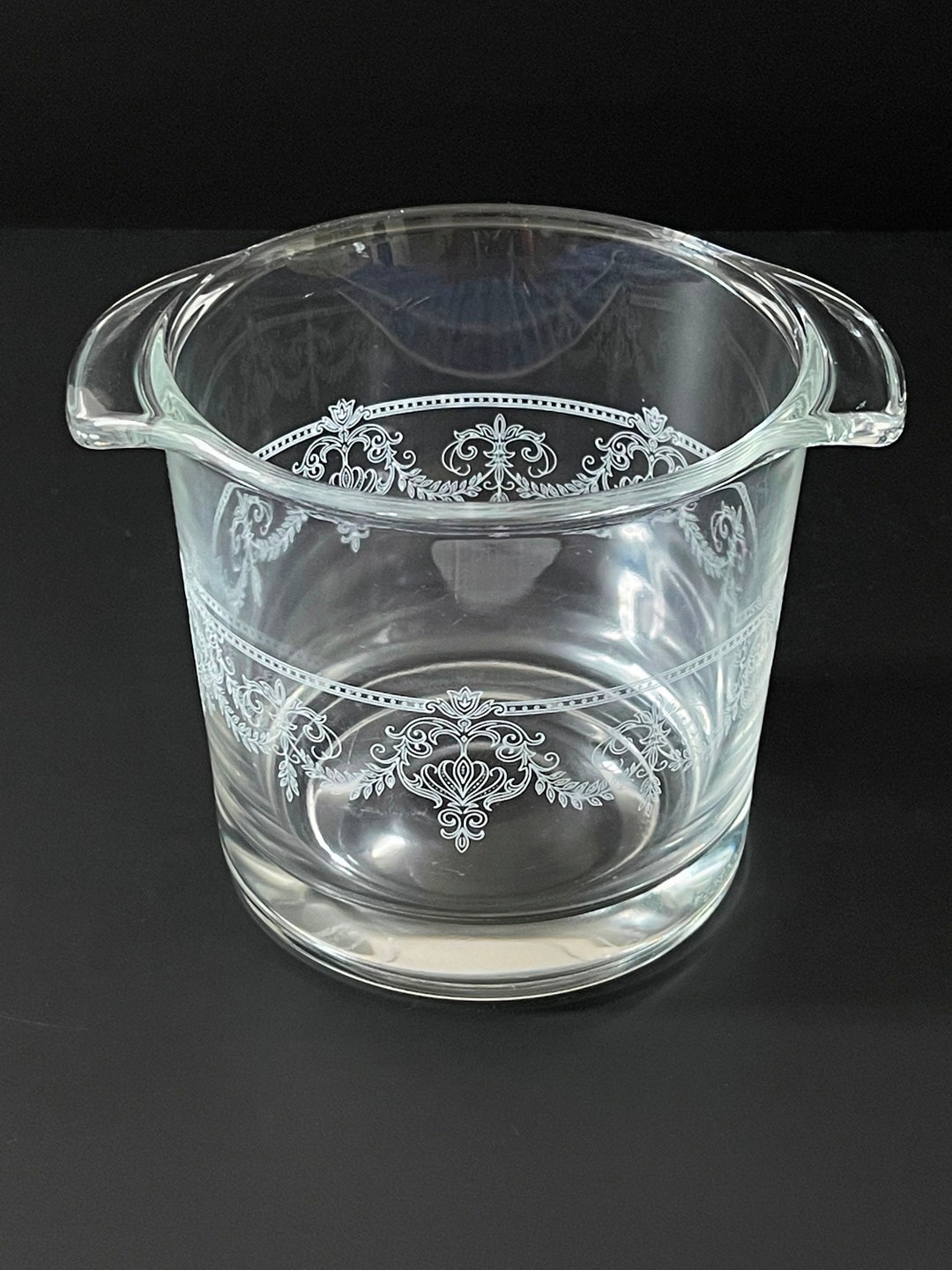 Printed Patterned Clear Glass Ice Bucket. Classic Foliage Imprints