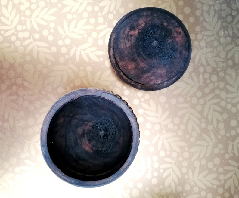 Hand made and tinted on the outer surface. Carved with flower and geometric pattern Unique Vintage Wooden Trinket Box