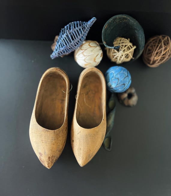 French Vintage Wood Clogs: Hand Carved Antique Sabot, Rustic Garden Decor