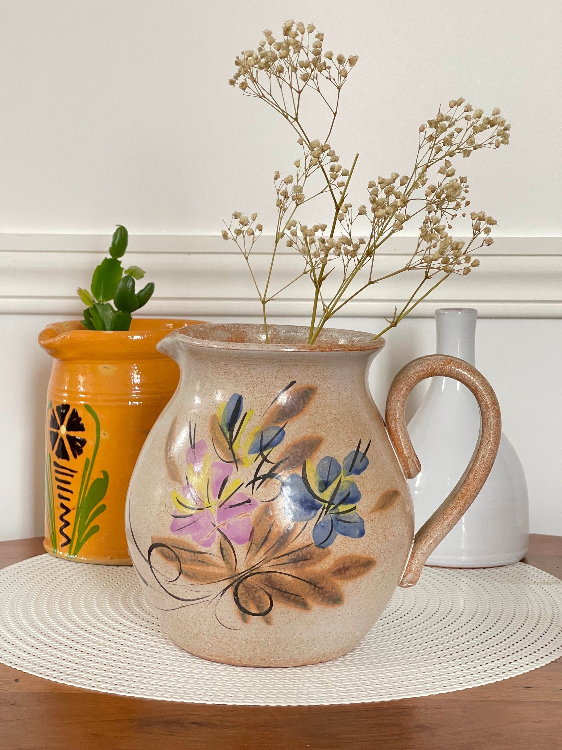 花瓶・フラワースタンド Vintage French Art Pottery Vase Vintage Glazed Terracotta Pitcher Vase, Floral Hand-painted French