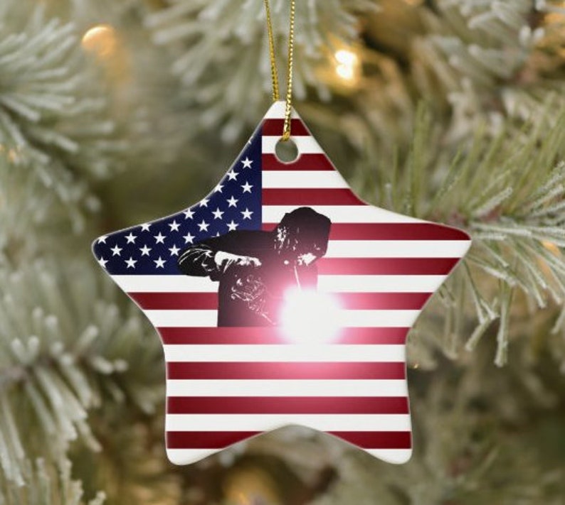 Santa Christmas gifts Welder and American Flag Ceramic Ornament Christmas monogram Funny Gift Holiday Gift