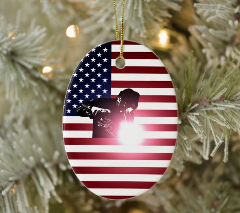Santa Christmas gifts Welder and American Flag Ceramic Ornament Christmas monogram Funny Gift Holiday Gift