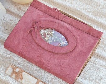 Vintage Style Burgundy Leather Journal - Handmade Floral Scrapbook - Writing Notebook - Diary with Vintage Aged Pages - Tie Closure