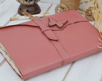 Handmade Pink Butterfly Junk Journal - A4 Large Genuine Leather Vintage Style Diary with Weathered Pages - Leather Bound Writing Notebook