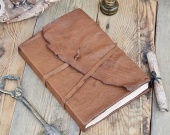 Genuine Leather Hard Cover Journal - Leather Bound Writing Journal - Notebook - Travel Diary - Distressed Leather with Vintage Formed Pages
