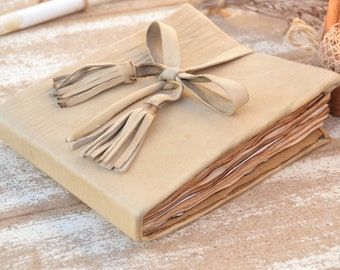Beige Genuine Leather Bound Journal - Handmade Vintage Style Notebook - Scrapbook - Memory Book - Diary with Weathered Pages - Tie Closure