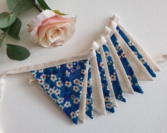 Liberty Fabric  and Calico Mini Bunting , Mitsi Blue, Girls Bedroom House and Garden Decor