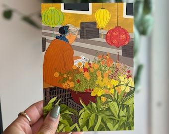 Hoi An, Vietnam, travel postcard, A6 wall print, Hoi An art, Asia postcard, travel gift, flowers and lanterns