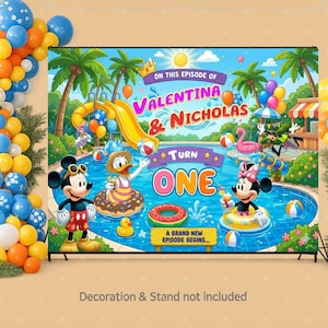 May include: A rectangular party backdrop featuring a pool scene with Mickey Mouse, Minnie Mouse, and Donald Duck. The text reads: ON THIS EPISODE OF VALENTINA & NICHOLAS TURN ONE A BRAND NEW EPISODE BEGINS. Flanked by blue, orange, and yellow balloon arches.